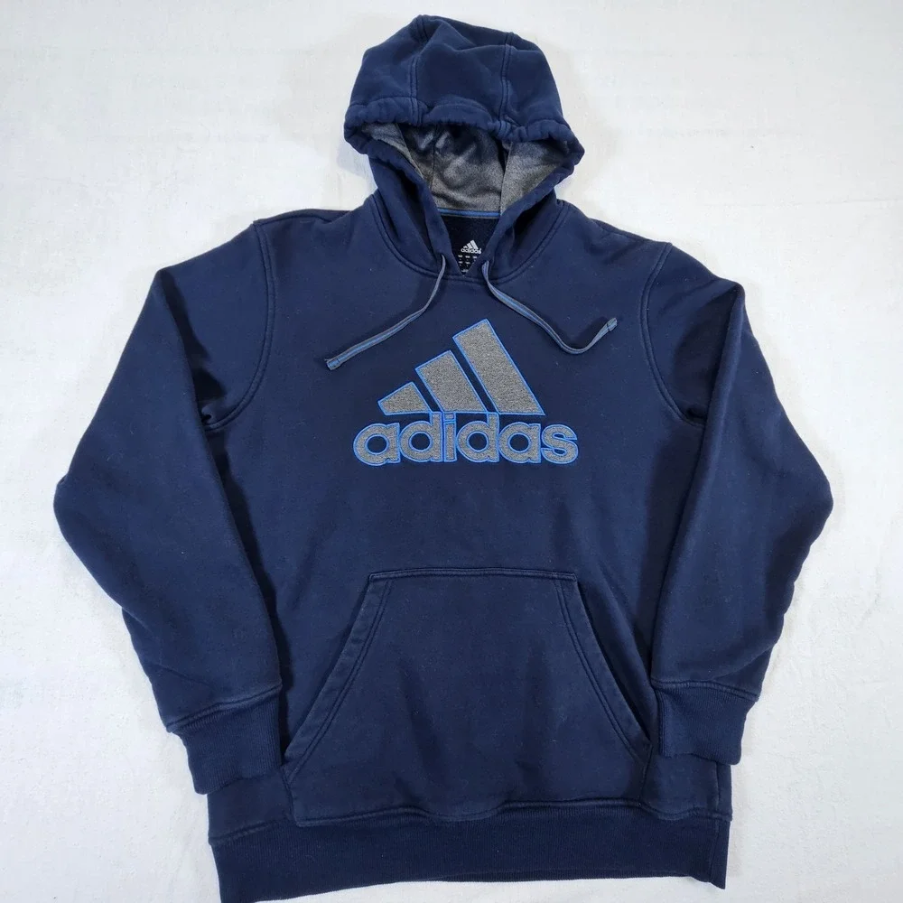 Adidas Hoodie Mens Large Blue Embroidered Logo Grunge Pullover Y2K